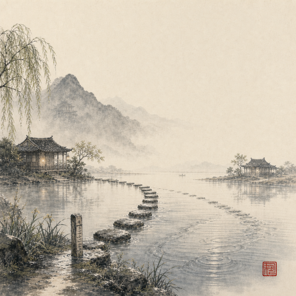 Ink-wash landscape with two market pavilions, a hidden mountain state, and diverging water traces, suggesting outcome success without behavioral discipline.