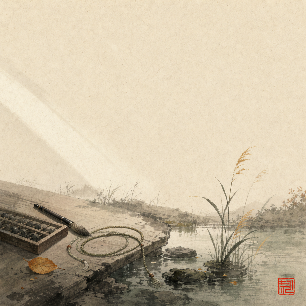 Conceptual ink-wash figure showing a benchmark ruler bending over stones that represent rubric, metric, and aggregation choices.